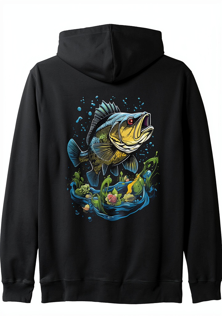 Barsch Kapuzenpullover Aesthetic Streetwear Angler Design auf einem Holzsteg neben einem Angelboot